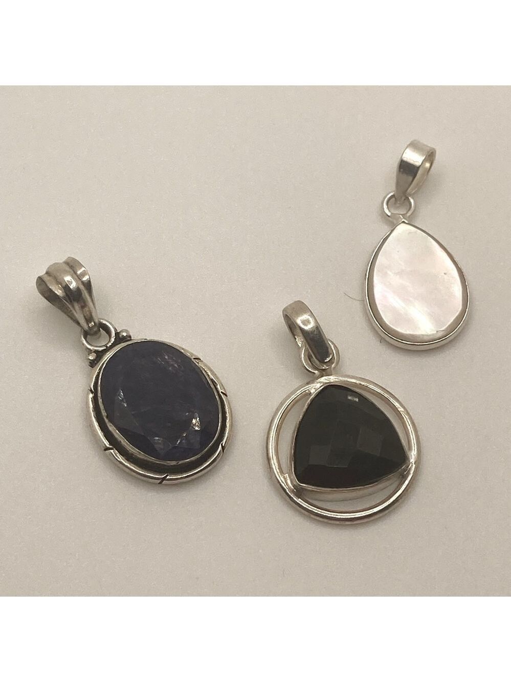 X3 Vtg Gemstone Pendants Silver Tone Metal MOP / Onyx & Blue Stone